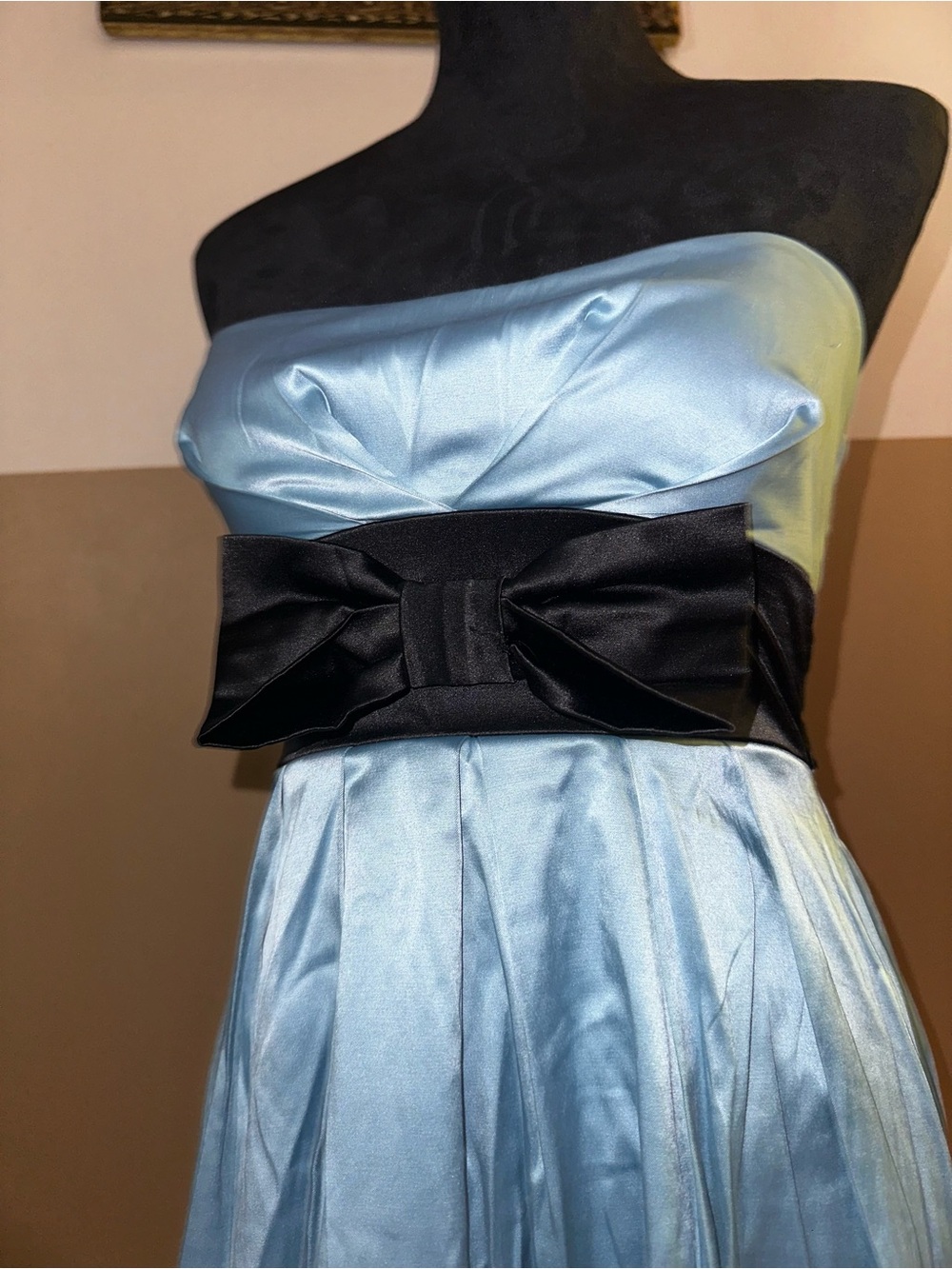 Seychelles Light Blue Strapless Satin Dress with Black Waist Accent